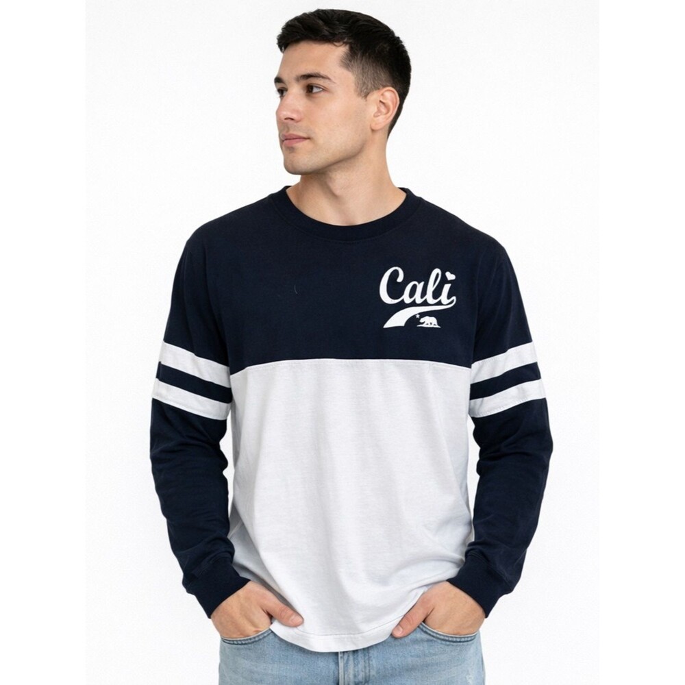 Y2K 2000s Surger Cali Colorblock Long-Sleeve Shirt - Navy & White